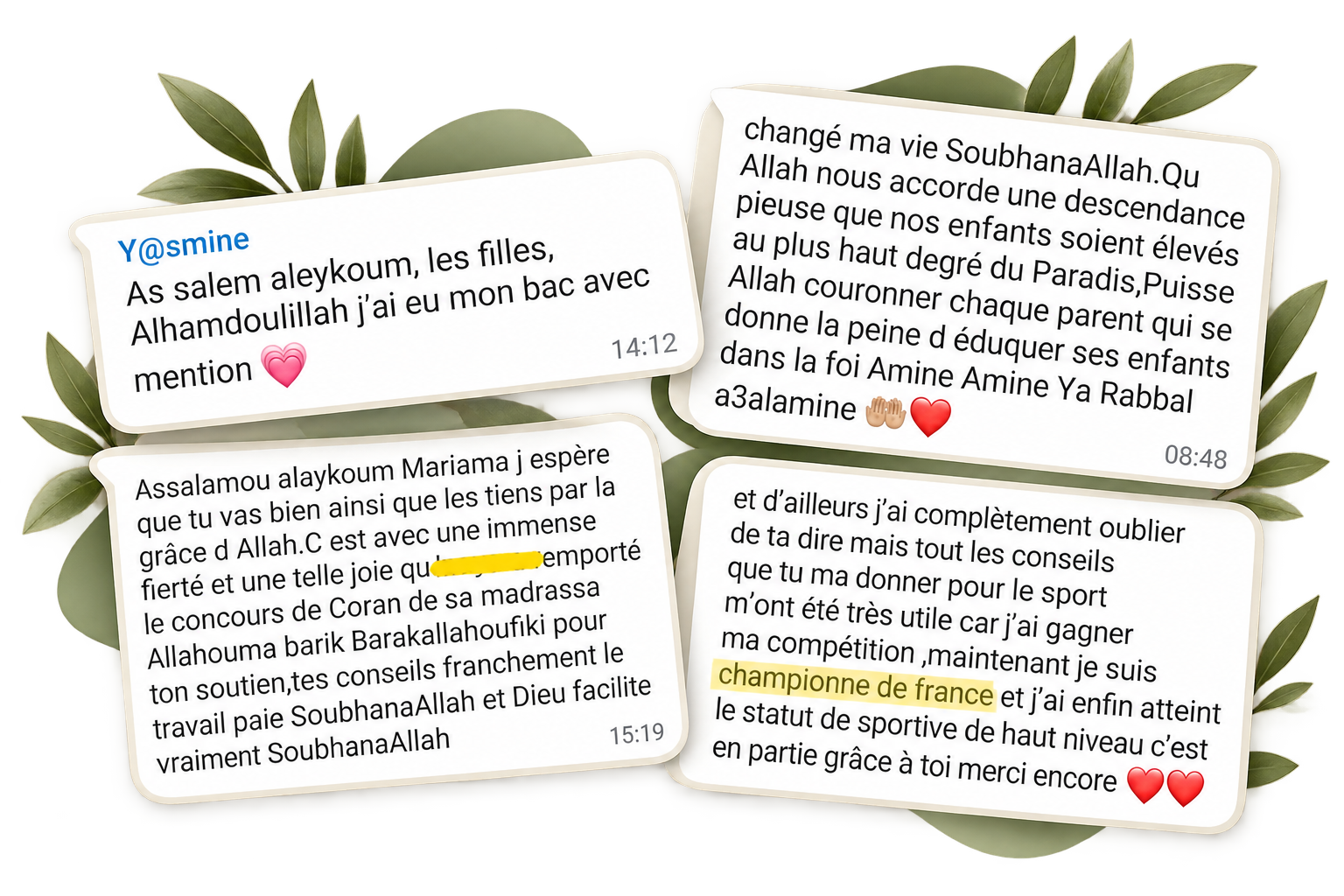 Messages de remerciement reçus par Mariama : bac avec mention, concours de Coran, championne de France